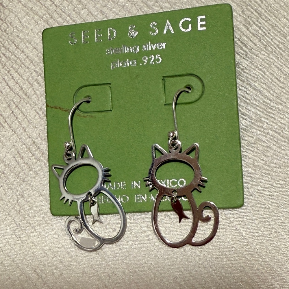 Silver Cat Outline Earrings - Picture 3 of 4